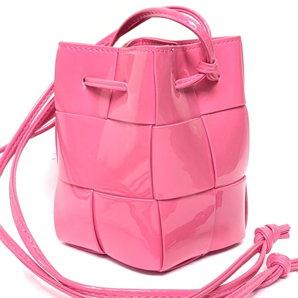 Pink Patent Leather Woven Cube Crossbody Bag – Bottega Style, Modern & Chic